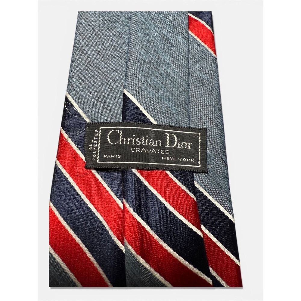 Christian Dior Cravates Paris New York Striped Necktie Mens Polyester Blue Red - Picture 4 of 6